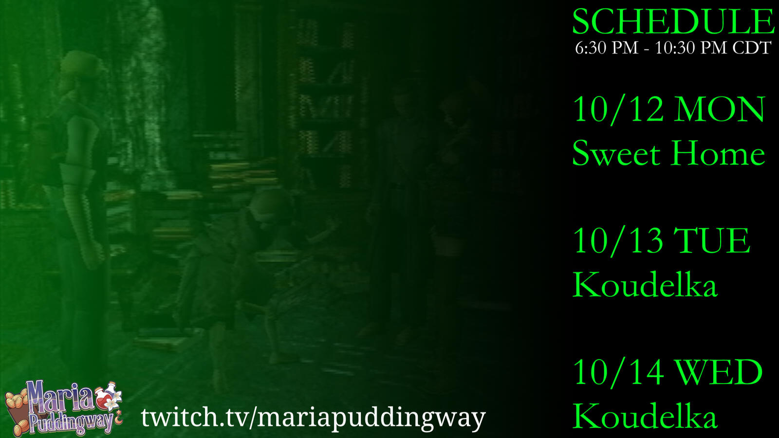 All streams 6:30 PM - 10:30 PM CDT! 10/12 MONDAY - Sweet Home. 10/13 TUESDAY - Koudelka. 10/14 WEDNESDAY - Koudelka