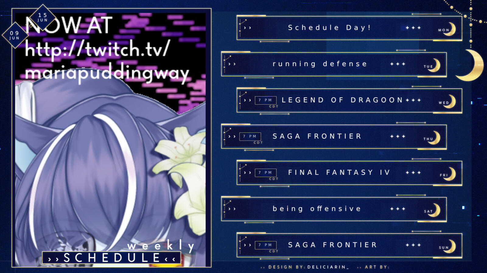 Wednesday @ 7:00PM CT: Legend of Dragoon Thursday: SaGa Frontier @ 7:00 PM CT Friday @ 7:00PM: Final Fantasy IV Sunday @ 7:00PM: SaGa Frontier